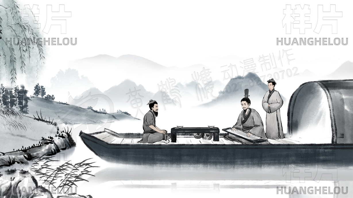 手绘水墨动画《著名琴师伯牙邀请子期上船近身听琴》 古琴水墨动画视频山水情