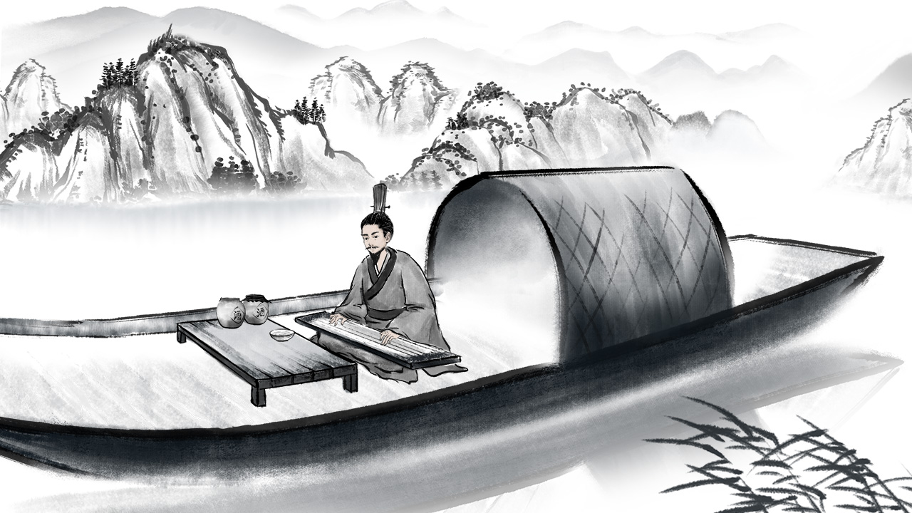 水墨古风动漫制作：一个叫伯牙的人 琴艺高超（近景坐姿抚琴)